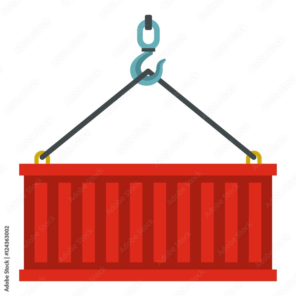 Poster container lifted by a crane icon. flat illustration of container vector icon for web design