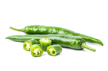 Green chilli pepper on white background.
