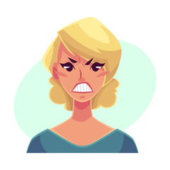 Pretty blond woman, angry facial expression, cartoon vector illustrations isolated on blue background. Beautiful woman frowns, feeling distresses, frustrated, sullen, upset. Angry face expression
