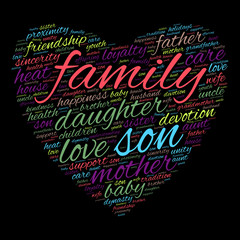 Family word cloud in shape of heart. Social concept. Vector.