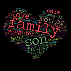 Family word cloud in shape of heart. Social concept. Black background.