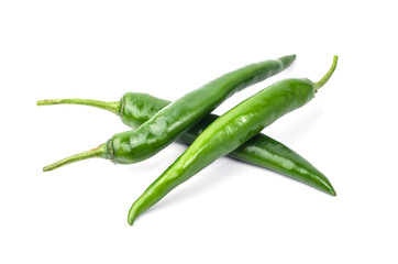 Green chilli pepper on white background.