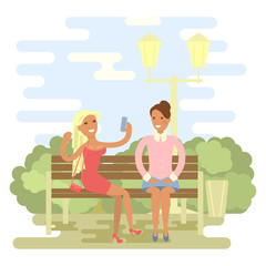 Beautiful girls in summer on a park bench. Cartoon character of women gossiping, people talking and chatting, office people in flat design.