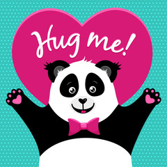 Hug me! Cartoon funny cute little panda rising Hug me! Cartoon funny cute little panda rising paws ready to hud. Vector colorful flat background.
