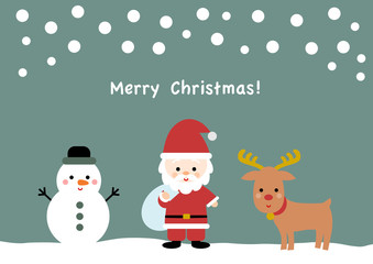 クリスマスのイラスト: サンタクロースとトナカイと雪だるま 