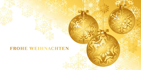 Fototapeta na wymiar Dekorative Vektor Weihnachtskarte in Gold mit Christbaumkugeln und Textfreiraum