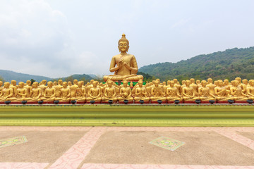 Row of golden Buddha statue among many small Buddha statues in c