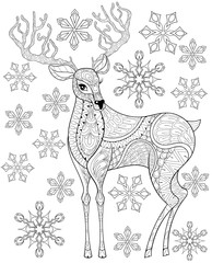 Obraz premium Vector zentangle Christmas Reindeer on snowflakes for adult anti