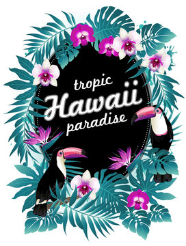 Hawaiian party! Vector illustration of tropical birds, flowers, leaves.