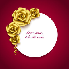 Romantic background with gold roses on white paper sheet. St. Valentine's Day, 8 march, Woman's day, romantic holiday design. Eps10 vector.