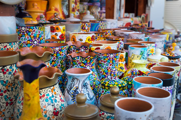 Colorful ceramic pottery on display to be sold
