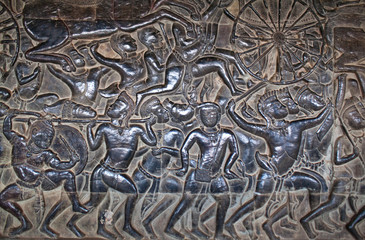 Ancient reliefs at Angkor Wat, Cambodia
