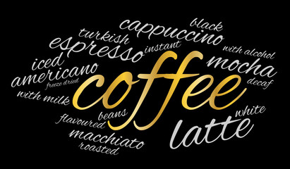 Coffee word cloud on black background. Drink concept.