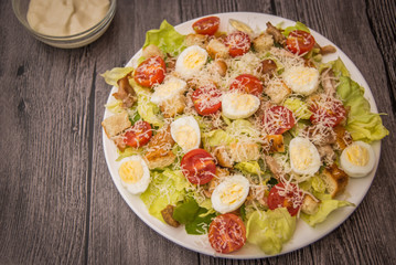 Healthy Grilled Chicken Caesar Salad with Cheese and Croutons