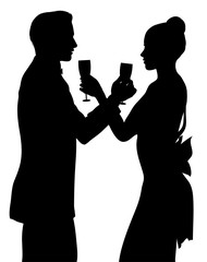 Romantic couple silhouette sharing glass of champagne
