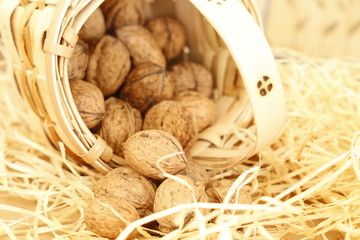 Close up walnuts on wicker basket.
