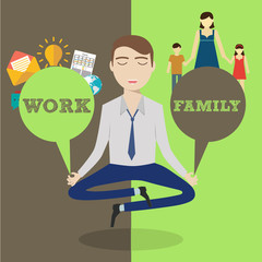 Businessman meditating. Man balancing family and work