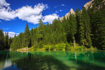 Amazing view of Braies Lake (Lago Di Braies, Pragser Wildsee) in Northern Italy