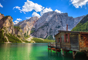 Amazing view of Braies Lake (Lago Di Braies, Pragser Wildsee) in Northern Italy