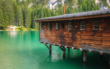 Amazing view of Braies Lake (Lago Di Braies, Pragser Wildsee) in Northern Italy