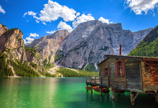 Amazing view of Braies Lake (Lago Di Braies, Pragser Wildsee) in Northern Italy