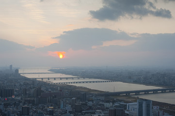 osaka city skyline at sunset