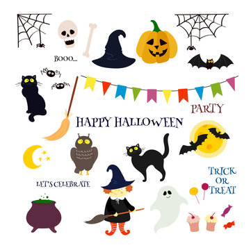 Cute Happy Halloween vector characters and items