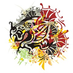 Grunge scary dragon head. Close up freakish tribal dragon head with colorful splashes and blood drops