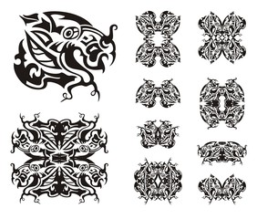 Freakish dragon symbols. Tribal dragon head design collection