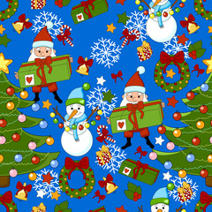 Happy new year pattern with Santa Claus, christmas tree, gifts, bell, wreath, stars and snowman. Funny pattern on a blue background. 
