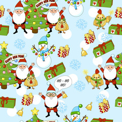 Happy new year pattern with Santa Claus, christmas tree, gifts, bell, stars, cock, rooster and snowman. Funny pattern on a blue background. 