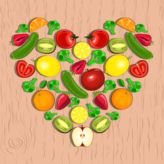 Collection of fruits and vegetables in form of heart. Vector illustration.