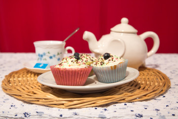 Cup of tea and sweet cupcake on table, Beautiful tea time
