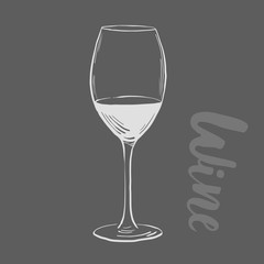 Wine,glass, cork, corkscrew. set in ihand drawn style.