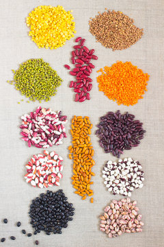 Lentils and beans of various colors. Top view