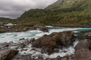 Rapids and blue colors of the Petrohue River in Chile's Patagonia region