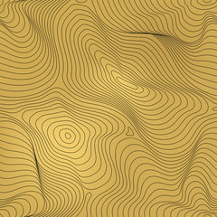 Vector golden geometric seamless pattern, curved lines, gold foil background with 3D visual effect. Abstract dynamic rippled surface, illusion of movement, curvature. Repeat design for tileable print