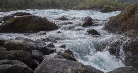Rapids and blue colors of the Petrohue River in Chile's Patagonia region