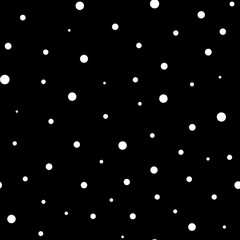 Vector monochrome seamless pattern, white chaotic dots on black backdrop. Modern stylish texture. Repeating abstract background. Simple graphic elements for your designs. Minimalist tileable print.