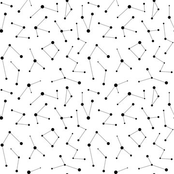 Vector monochrome seamless pattern, abstract background with lines & dots, black & white geometric texture. Illustration of constellations, sky map. Simple design for tileable print, fabric, website