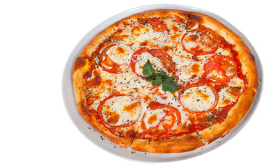 Italian Margarita pizza with tomato, cheese, herbs and basil. isolated on white. top view