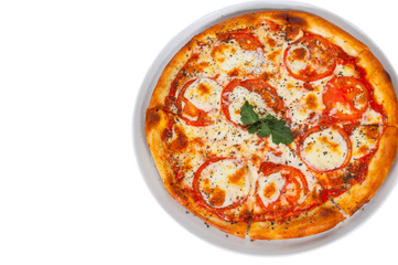 Italian Margarita pizza with tomato, cheese, herbs and basil. isolated on white. top view