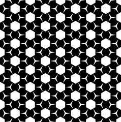 Vector monochrome seamless pattern, simple geometric figures, hexagons & triangles. Repeat abstract background, black & white endless texture. Design element for prints, identity, digital, web, decor