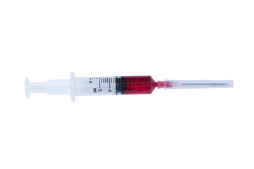 syringe with drop red blood liquid isolated on white background.
