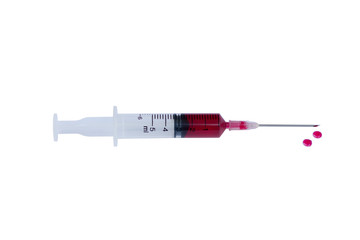 syringe with drop red blood liquid isolated on white background.