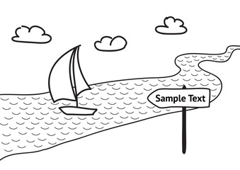 Hand drawn sketch vector illustration, sail boat floats on the river, passing direction pointer. Editable isolated design elements for banner, website, flyer, card, collage. EPS 8