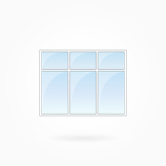 Window frame vector illustration, rectangular threefold closed window with triple top. White plastic window with blue sky glass, outdoor objects collection, flat style. Isolated design element. Eps 10