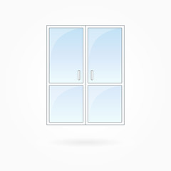 Door frame vector illustration, twin closed doors with two vertical halves. White plastic door with blue sky glass, outdoor objects collection, flat style. Editable isolated design element. Eps 10