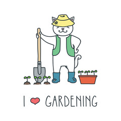 I love gardening. Doodle vector illustration of funny gardener cat.