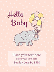 Baby Shower / Birthday party invitation card template. Vector illustration, cartoon elephant with air balloons on pink background. Cute design elements for postcard, invitation, banner, flyer, card